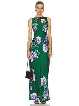 HEMANT AND NANDITA - Satin Floral Women's Sleeveless V-Neck Maxi Dress Green