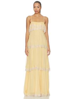 HEMANT AND NANDITA - Tiered Women's Lace Trim Shoulder Strap Maxi Dress Yellow