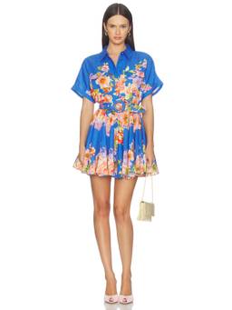 HEMANT AND NANDITA - Floral Print Women's Buckle Belt Shirt Mini Dress Blue