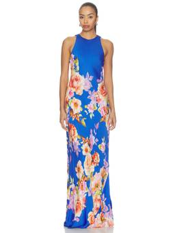 HEMANT AND NANDITA - Crew Neck Women's Floral Print Bias Maxi Dress Blue