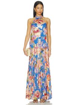 HEMANT AND NANDITA - Floral Lurex Women's Halter Low Back Maxi Dress Blue