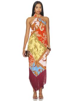 HEMANT AND NANDITA - Tie Sash Women's Halter Neck Fringe Maxi Dress Multi-Color