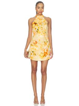HEMANT AND NANDITA - Women's Floral Jacquard Halter Neck Mini Dress Yellow