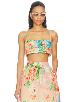 HEMANT AND NANDITA - Women's Floral Print Smocked Back Bustier Top Multi-Color