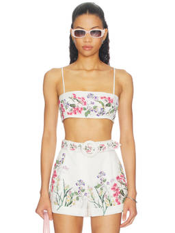 HEMANT AND NANDITA - Women's Floral Printed Smocked Back Bandeau Crop Top Ivory