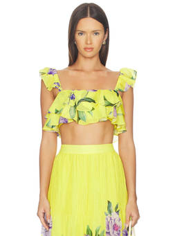 HEMANT AND NANDITA - Women's Floral Ruffled Square Neck Crop Top Yellow
