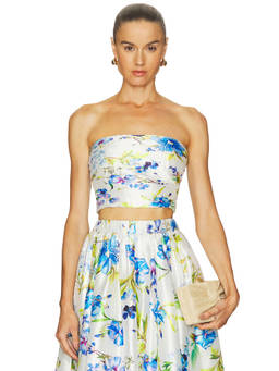 HEMANT AND NANDITA - Satin Women's Floral Print Strapless Crop Top Ivory