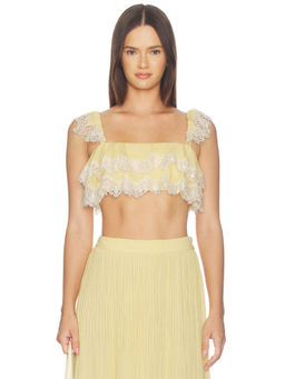HEMANT AND NANDITA - Ruffle Women's Lace Trim Smocked Crop Top Yellow