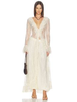 HEMANT AND NANDITA - Ruffled Front Open Women's Lace Maxi Dress Eggshell