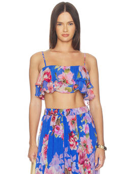 HEMANT AND NANDITA - Women's Floral Ruffled Sleeveless Crop Top Blue