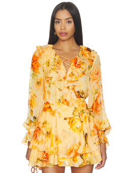 HEMANT AND NANDITA - Women's Floral Ruffled Lace-Up Chiffon Top Yellow