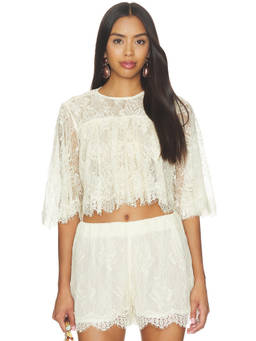 HEMANT AND NANDITA - Ruffle Women's Lace Semi-Sheer Crop Top Off White