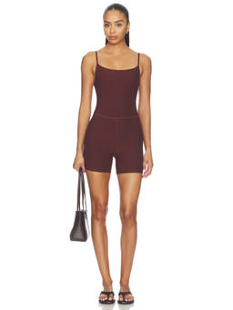 Beyond Yoga - Spacedye Women's Stretch Jersey Biker Romper Taupe