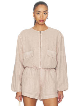 BLANKNYC - Lightweight Linen Women's Zippered Long Sleeve Light Jacket Beige