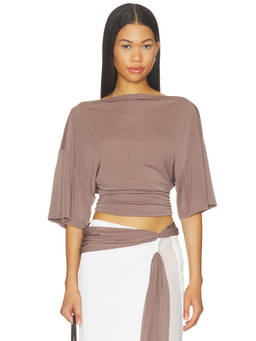 Benni - Arlo Women's Boat Neck Ruched Waist Crop Top Brown