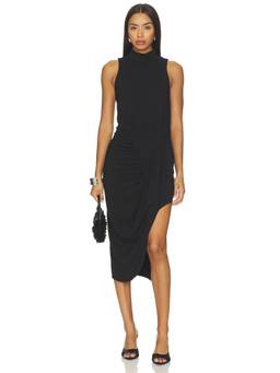 Bobi by Revolve - Mock Neck Women's Pleated Side Slit Midi Dress Black