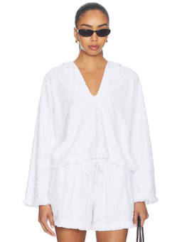 Bobi by Revolve - French Terry Women's Fringe Trim V-Neck Pullover Hoodie White