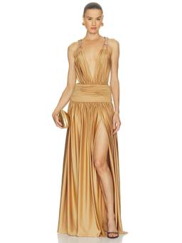 Bronx and Banco - Tula Women's Embellished Plunging Neck Maxi Dress Honey