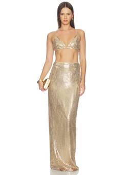 Bronx and Banco - Nomad Women's Sequin Mesh Bralette & Maxi Skirt Set Gold