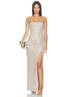 Bronx and Banco - Allegra Pearl Veronica Women's Strapless Beaded Maxi Dress Silver