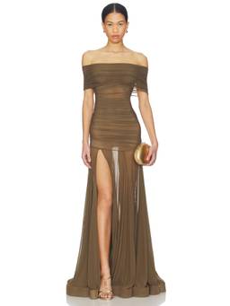 Bronx and Banco - Dakar Women's Off Shoulder Ruched Sheer Maxi Dress Khaki