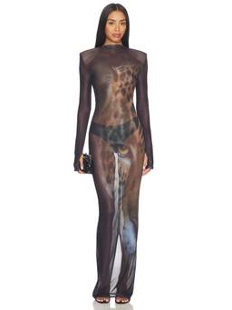 Bronx and Banco - Tiger Print Women's Sheer Mesh Long Sleeve Maxi Dress Black Multi