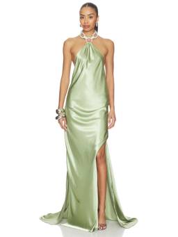 Bronx and Banco - Backless Rhinestone Embellished Women's Halter Neck Maxi Gown Sage