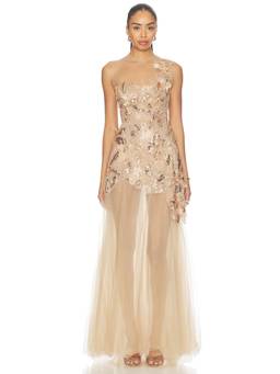 Bronx and Banco - Sequin Floral Women's Embellished Tulle Maxi Dress Nude