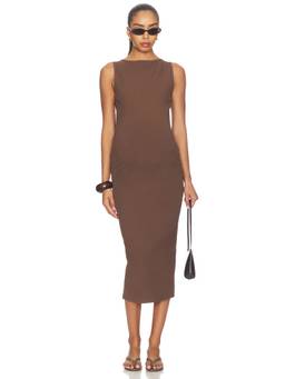 BUMPSUIT - Sculpting Rib Women's Sleeveless Boat Neck Midi Dress Brown
