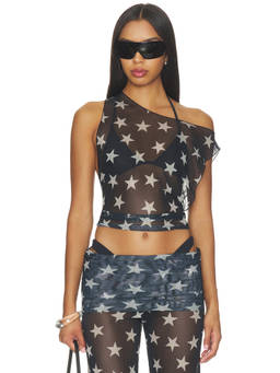 Bella Venice - Melody Women's Sheer Star Print One Shoulder Top Black