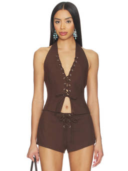 BY.DYLN - Women's Halter Neck Lace-Up Twill Top Brown