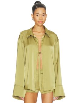 BY.DYLN - Andi Women's Satin Buckle Front Long Sleeve Shirt Moss