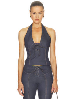BY.DYLN - Tariq Women's Halter Neck Lace-Up Denim Top Indigo