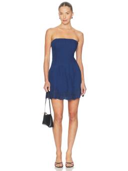 CAMI NYC - Belinda Strapless Women's Lace Hem Linen Mini Dress Navy Blue