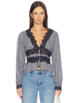 CAMI NYC - Veredi Women's Lace Trim Tie-Up Blouse Blue