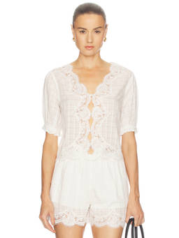 CAMI NYC - Junie Women's Lace Trim V-Neck Half Sleeves Top White