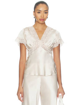 CAMI NYC - Romola Women's Lace Trim V-Neck Satin Blouse Oat