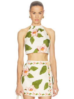 Cara Cara - Dahlia Women's Floral Sleeveless Halter Neck Crop Top Ivory