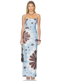 Cala de la Cruz - Shimmery Crepe Women's Floral Print Maxi Dress Blue