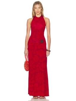 Cala de la Cruz - Cairo Women's Halter Neck Ruched Maxi Dress Red
