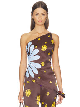 Cala de la Cruz - Zharit Women's One Shoulder Asymmetric Hem Satin Top Brown