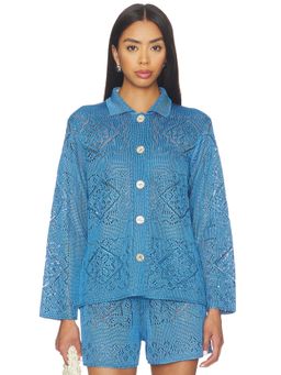 Calle Del Mar - Handkerchief Women's Semi-Sheer Open Knit Button-Down Shirt Blue