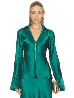 Acler - Spunhill Women's Satin Button-Down Shirt Deep Emerald