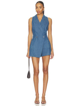 Central Park West - Hazel Chambray Women's Sleeveless Notched Lapel Romper Blue