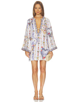 Camilla - Deep V-Neck Women's Embellished Linen Kaftan White
