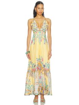 Camilla - Tiered Women's Halter Neck Hardware Maxi Dress Yellow