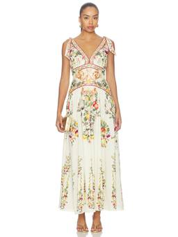 Camilla - Tie Shoulder Women's Rhinestone Embellished Drop Waist Maxi Dress Ivory
