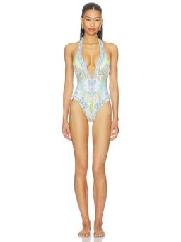 Camilla - Plunge Halter Women's Unpadded Bar Trim One-Piece Swimsuit Multi-Color