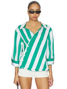 Cissa - Clover Stripe Women's Crossover Button-Front Overshirt Green