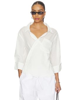 Cissa - Sheer Voile Women's Asymmetric Surplice Button-Up Shirt White